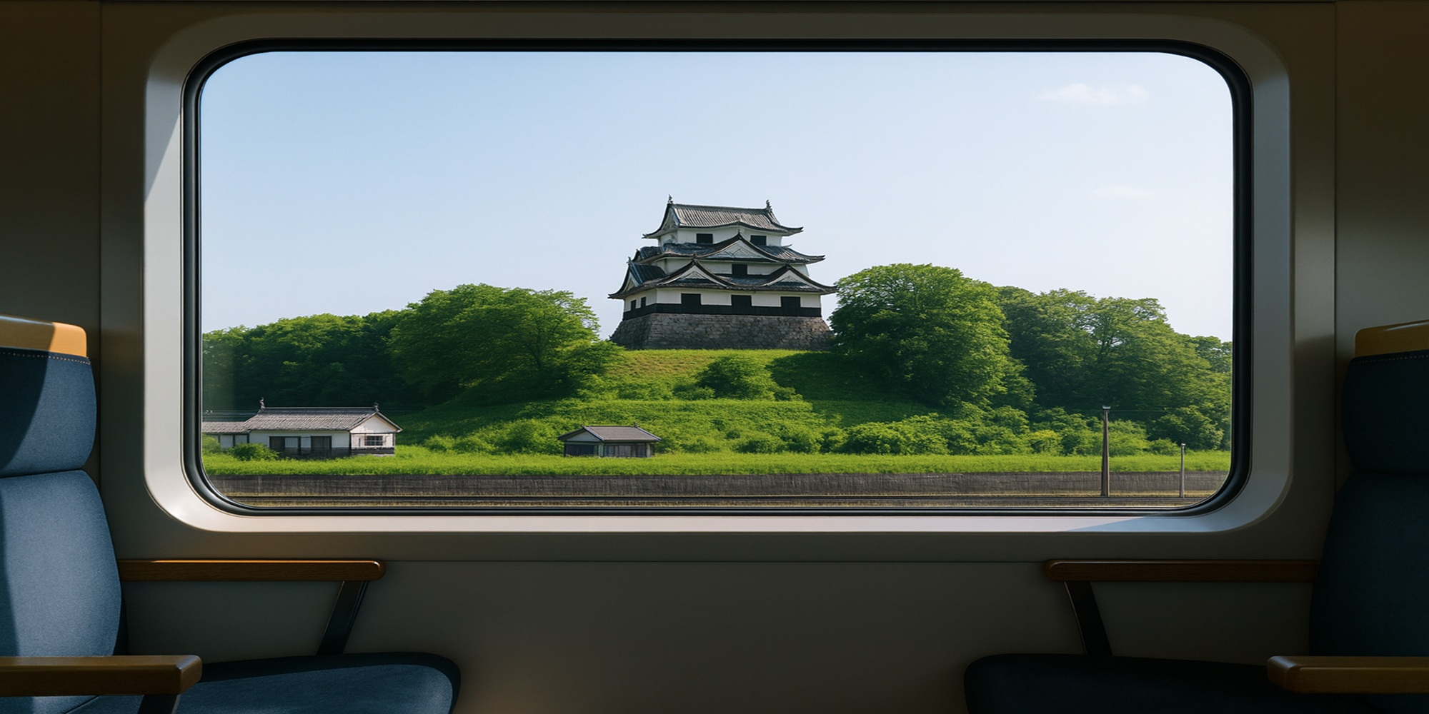 電車の窓から見える犬山城の風景（電車で行く日本100名城ガイド）